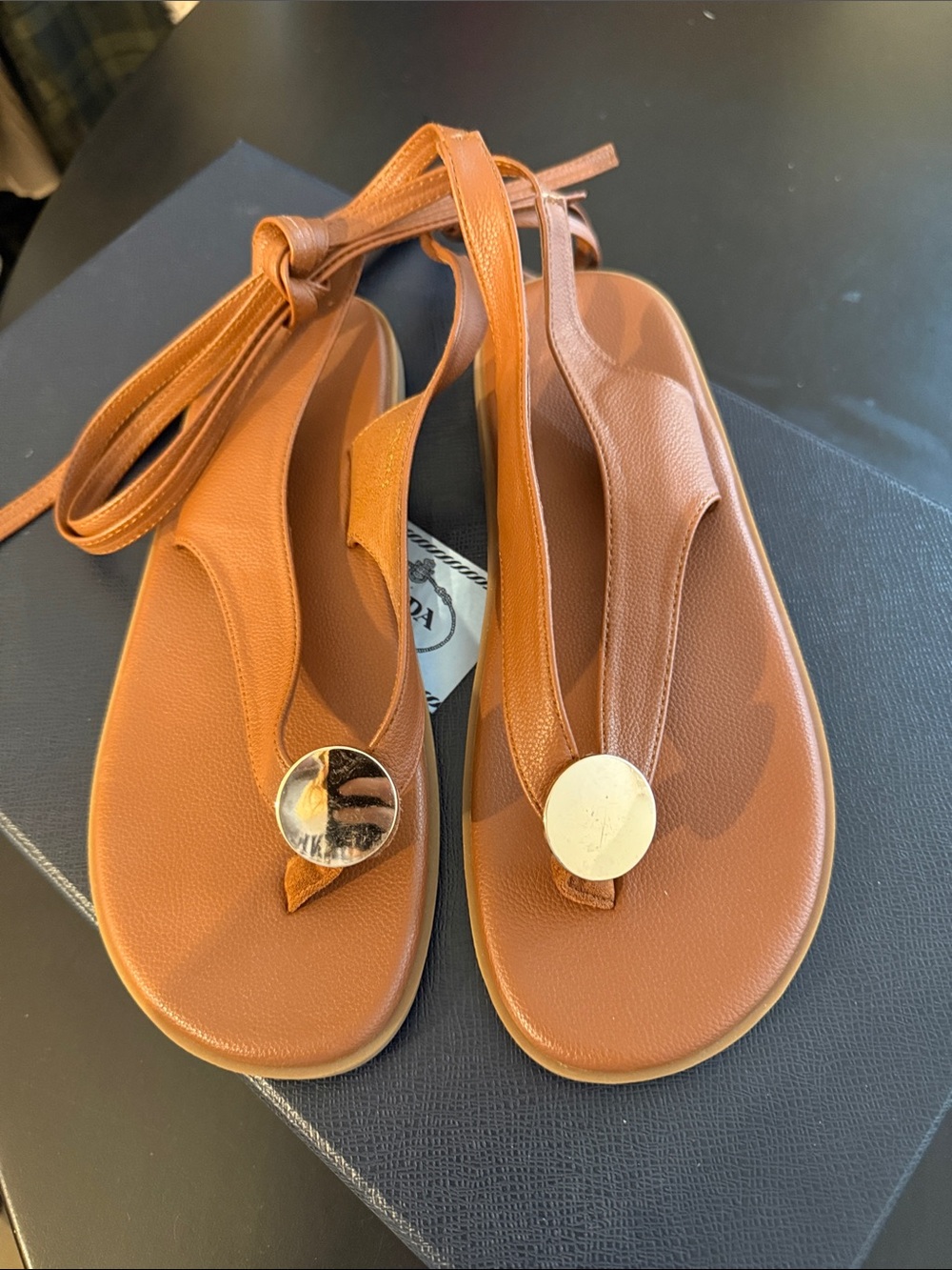 Women's Brown Leather T-Strap Sandals with Gold Accent